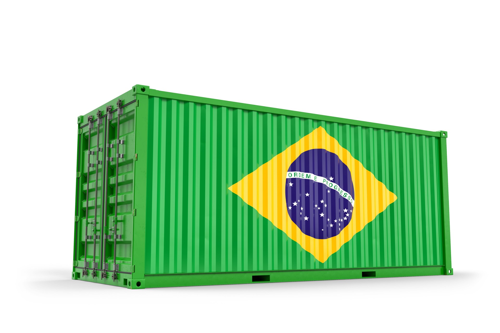 Green shipping container displaying Brazilian flag, symbolizing import, export, and global commerce. 3D rendering